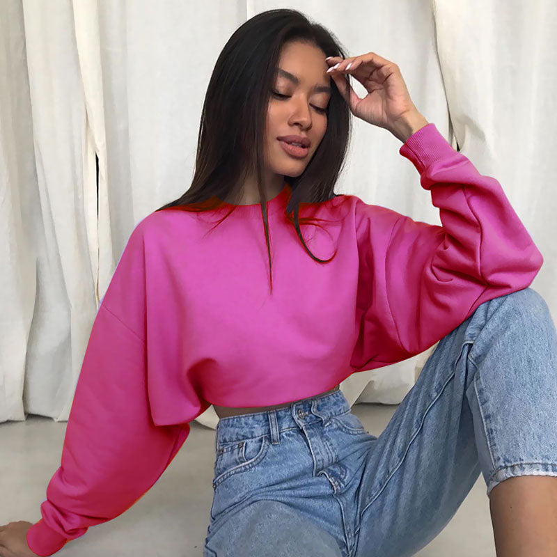 Long Sleeve Mock Neck Cropped Sweatshirt - Hot Pink