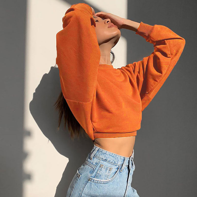 Long Sleeve Mock Neck Cropped Sweatshirt - Orange