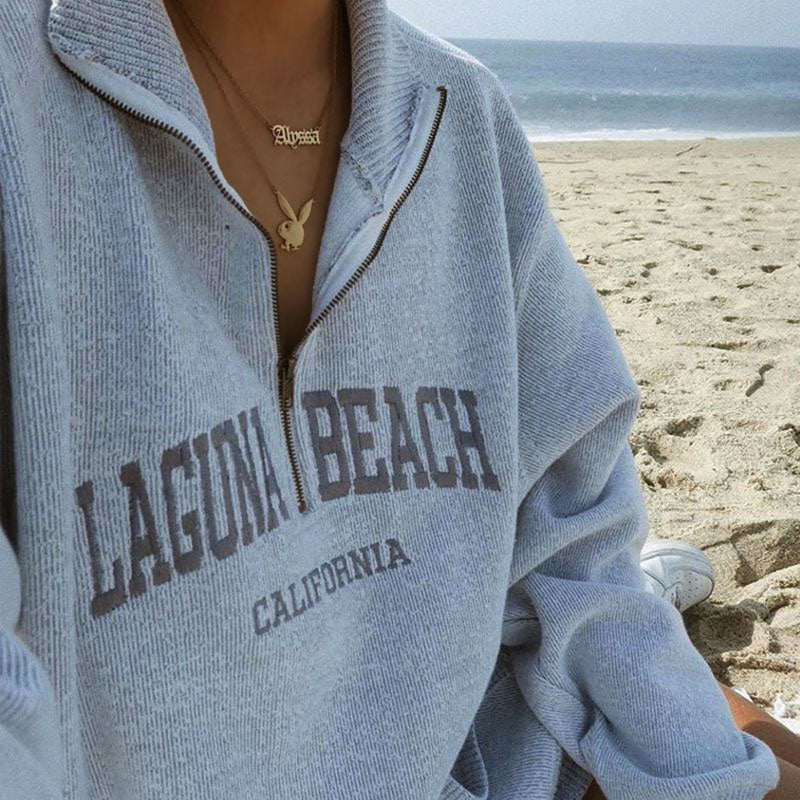 Letter Embroidery Half Zip Sweatshirt - Gray