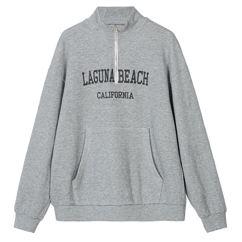 Sweatshirt mit halblangem Reißverschluss und Buchstabenstickerei - Grau