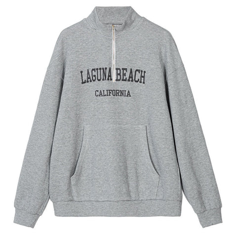 Letter Embroidery Half Zip Sweatshirt - Gray