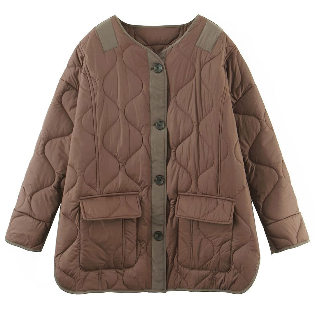 Long Sleeve Flap Pocket Quilted Jacket - Chocolate