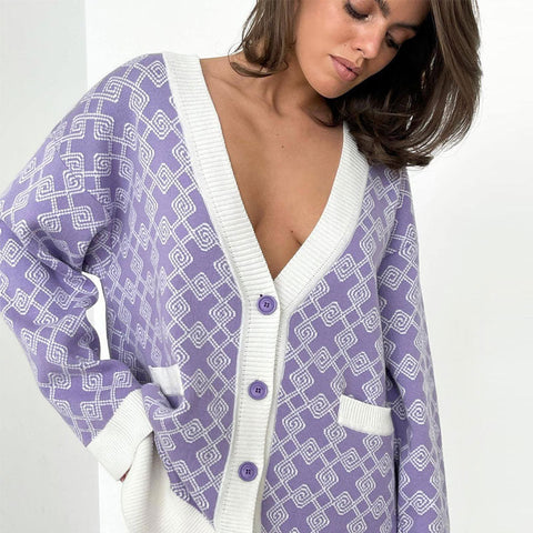 Print V Neck Long Sleeve Ribbed Cardigan - Purple
