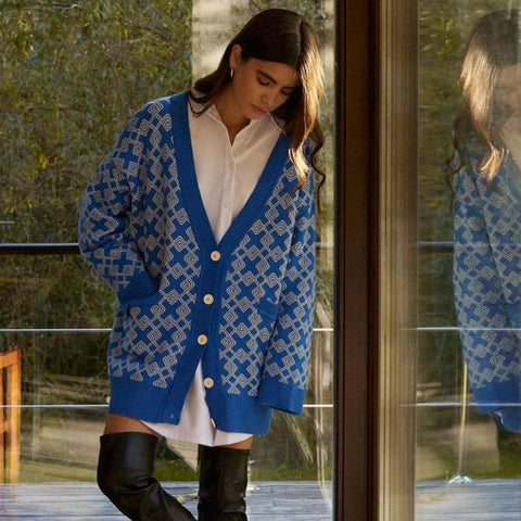 Print V Neck Long Sleeve Ribbed Cardigan - Blue