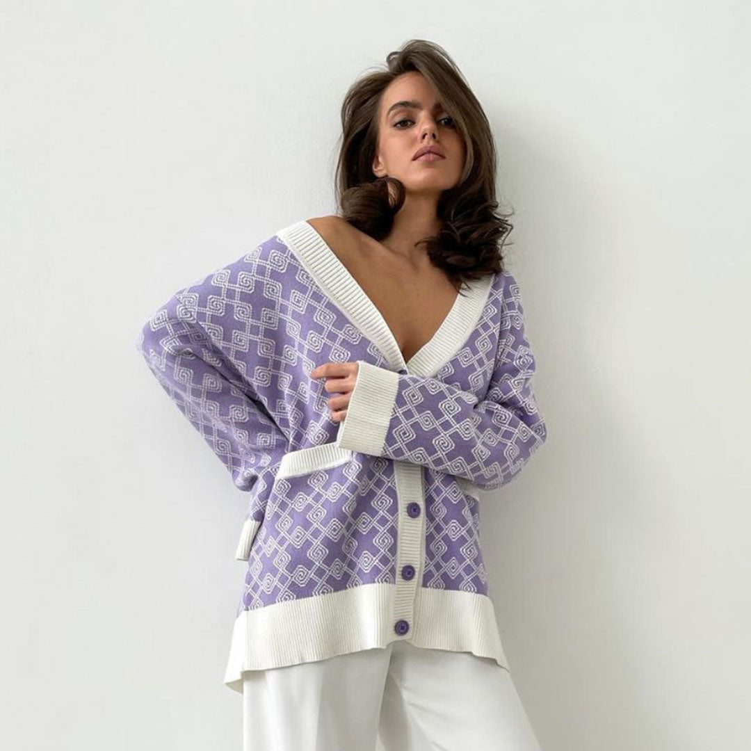 Print V Neck Long Sleeve Ribbed Cardigan - Purple