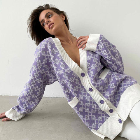 Print V Neck Long Sleeve Ribbed Cardigan - Purple