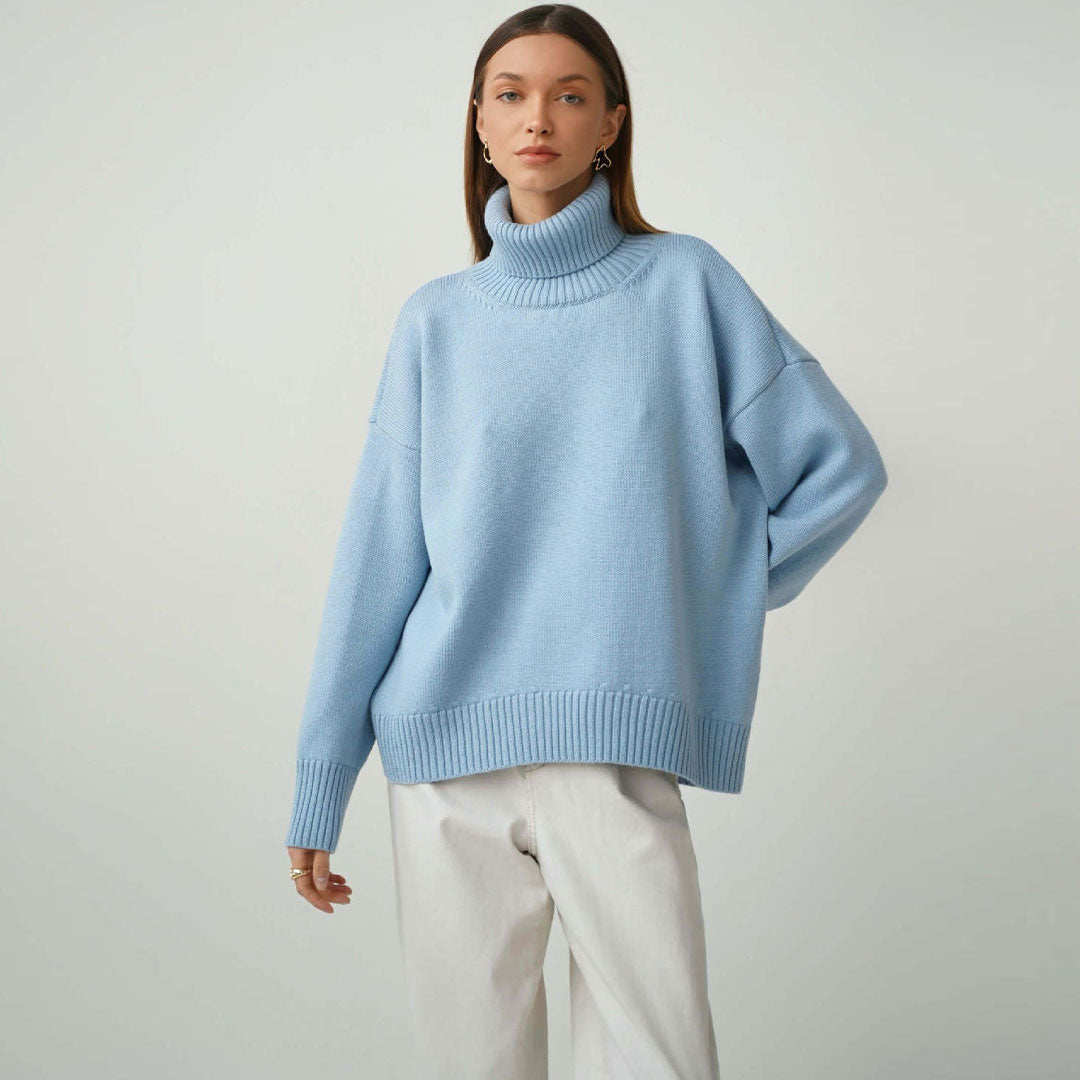 Oversized Rib Kit Oversized Rib Knit High Low Turtleneck Long Sleeve Sweater - Baby Blue ...