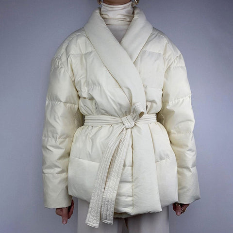 Long Sleeve Belted Puffer Jacket - White