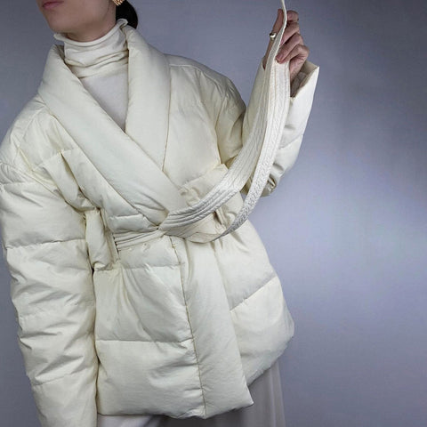 Long Sleeve Belted Puffer Jacket - White