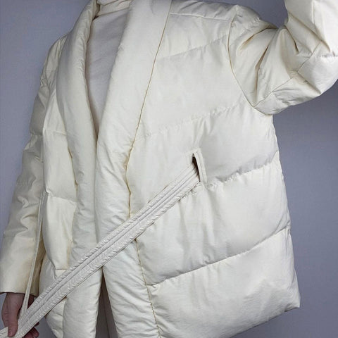 Long Sleeve Belted Puffer Jacket - White