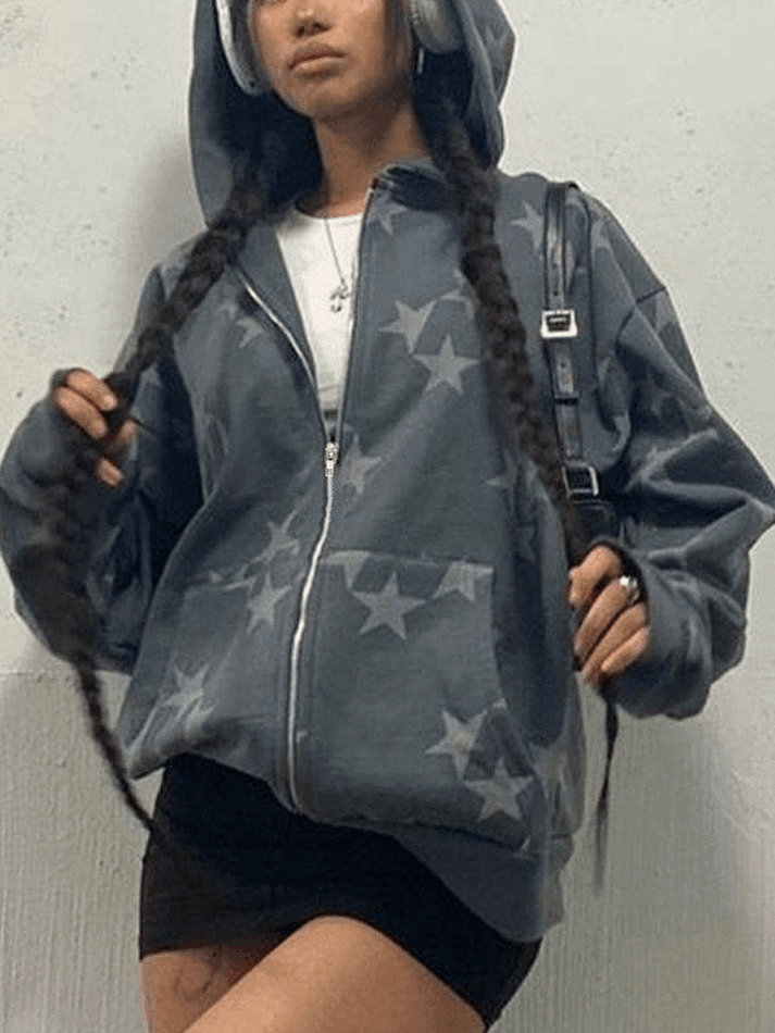 Star Print Zip Up Hoodie