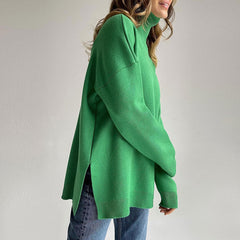 Turtleneck Long Sleeve Slit Trim Pullover Sweater - Green