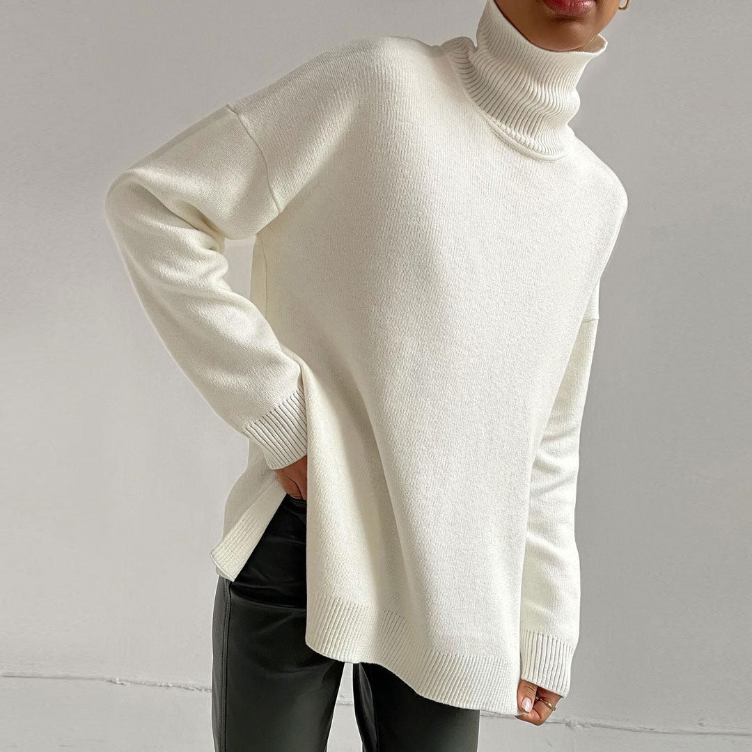 Turtleneck Long Sleeve Slit Trim Pullover Sweater - White
