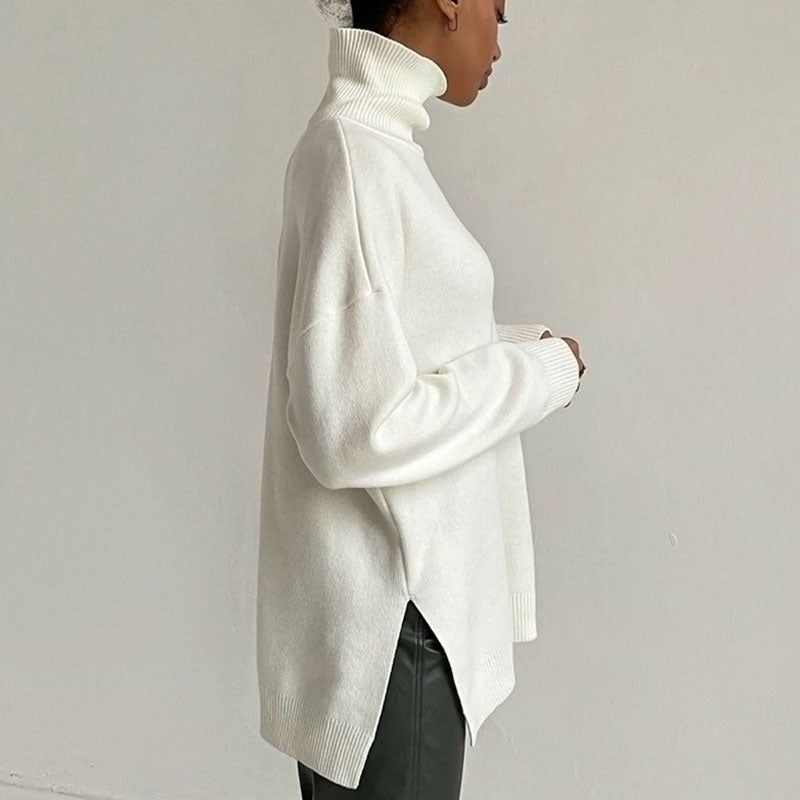 Turtleneck Long Sleeve Slit Trim Pullover Sweater - White