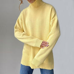 Turtleneck Long Sleeve Slit Trim Pullover Sweater - Yellow