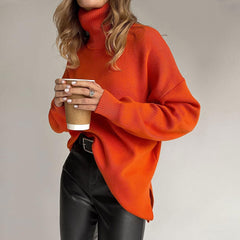 Turtleneck Long Sleeve Slit Trim Pullover Sweater - Burnt Orange