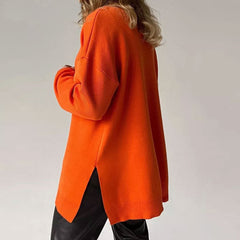Turtleneck Long Sleeve Slit Trim Pullover Sweater - Burnt Orange