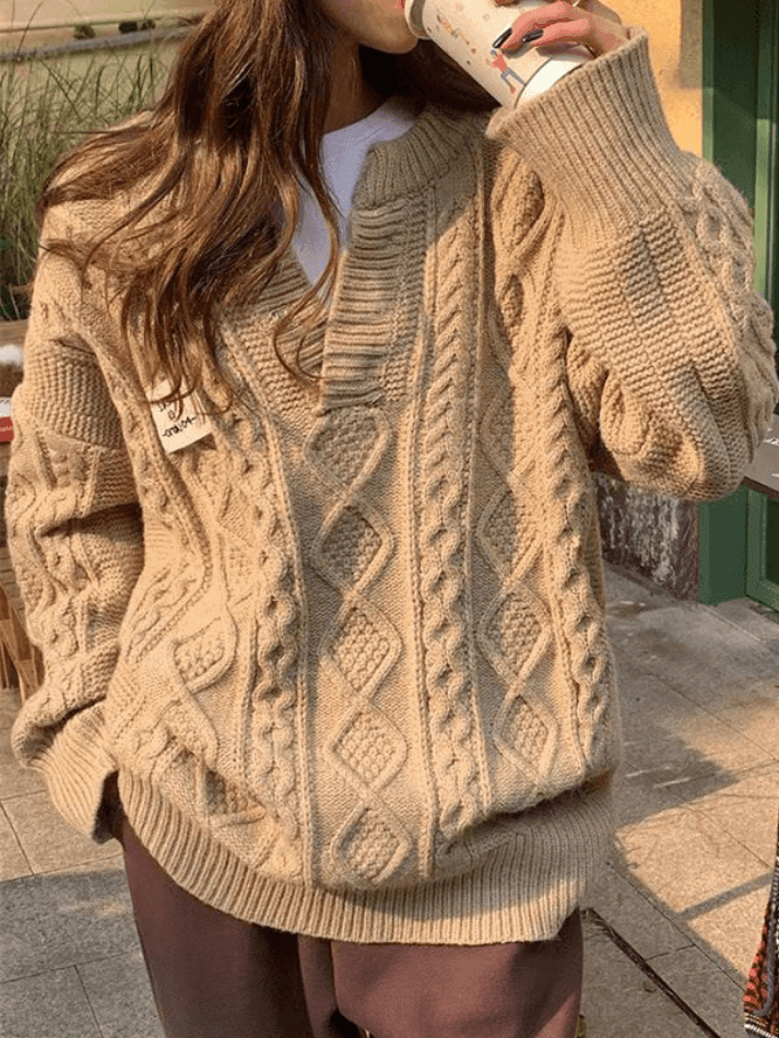 V Neck Cable Knit Sweater