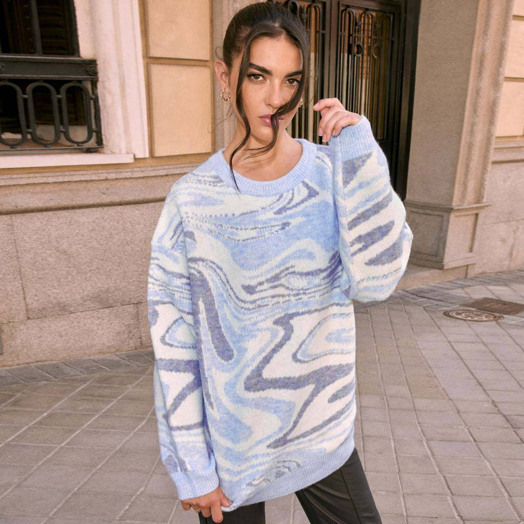 Wave Print Ribbed Long Sleeve Pullover Sweater - Blue