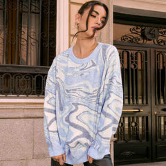 Wave Print Ribbed Long Sleeve Pullover Sweater - Blue
