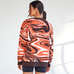 Wave Print Ribbed Long Sleeve Pullover Sweater - Burnt Orange