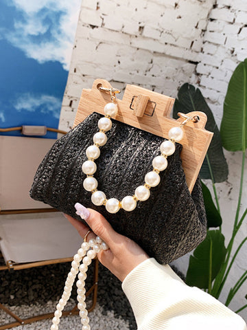 Pearl Decor Twist Lock Straw Bag