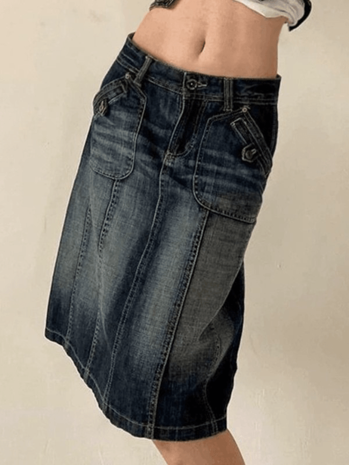 Paneled Cargo Denim Midi Skirt