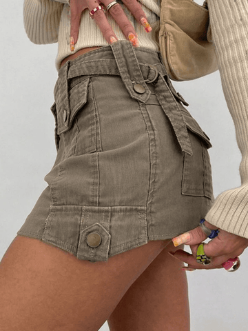 Paneled Denim Cargo Mini Skirt