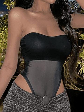 Paneled Mesh Strapless Black Bodysuit