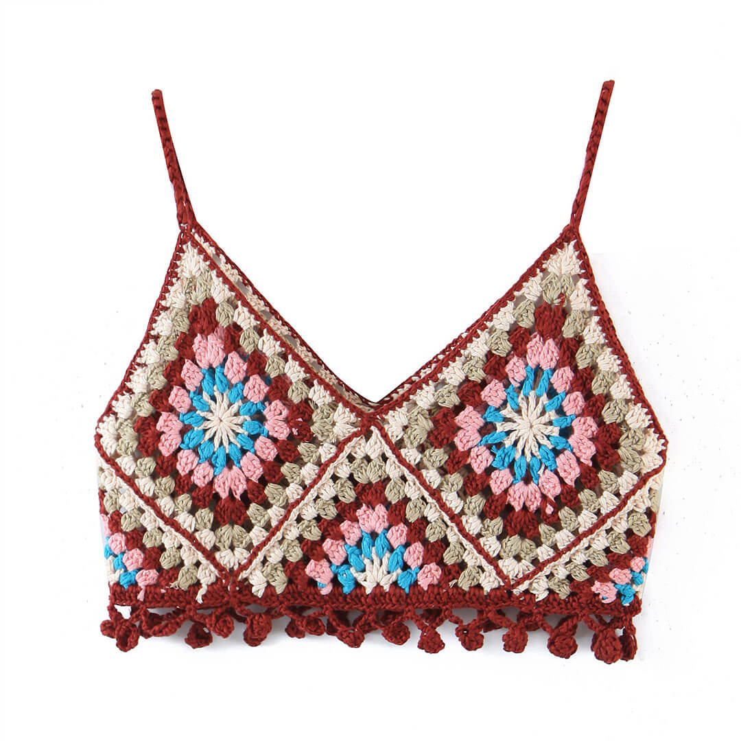 Pastel Granny Square Pattern V Neck Crochet Knit Cropped Top - Burgundy