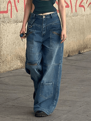 Baggy-Cargojeans im Patchwork-Look in blauer Waschung