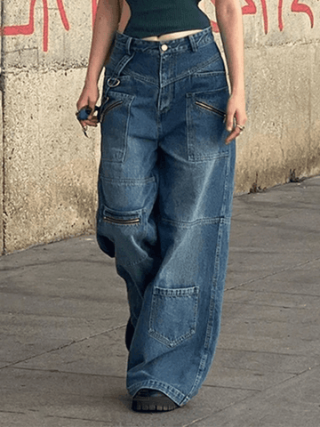 Baggy-Cargojeans im Patchwork-Look in blauer Waschung