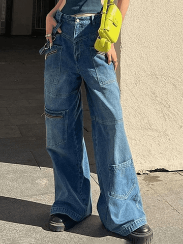 Baggy-Cargojeans im Patchwork-Look in blauer Waschung