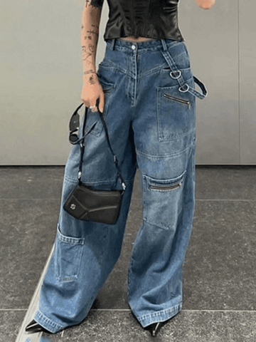 Baggy-Cargojeans im Patchwork-Look in blauer Waschung