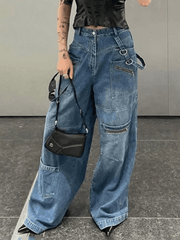 Patchwork Blue Wash Baggy Cargo Jeans