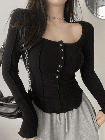 Top de punto de manga larga con patchwork