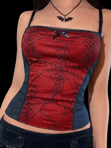 Kurzes Camisole-Top aus Netzstoff mit Patchwork-Muster und Spinnennetzmuster