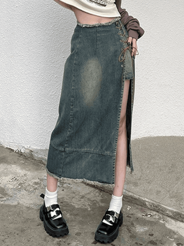 Patchwork Lace Up Split Cargo Denim Skirt