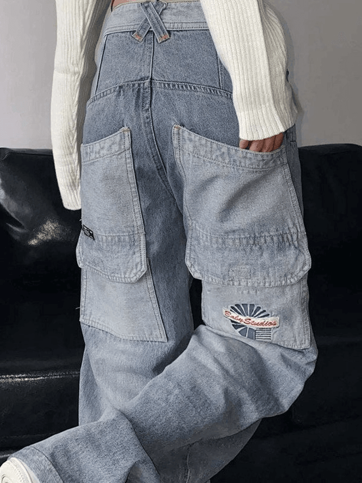Patchwork Light Wash Vintage Cargo Jeans