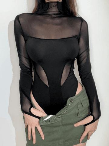 Patchwork Mesh Long Sleeve Black Bodysuit