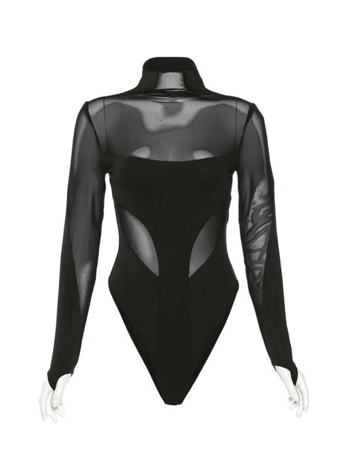 Patchwork Mesh Long Sleeve Black Bodysuit
