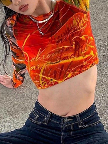 Patchwork Printed Mesh Long Sleeve Crop Top