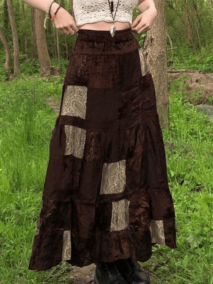 Patchwork Velvet Printed Midi Skirt