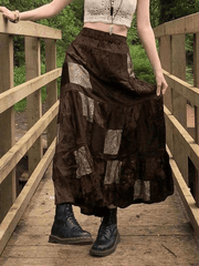 Patchwork Velvet Printed Midi Skirt