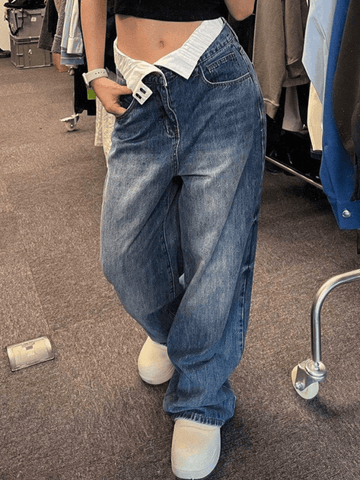 Boyfriendjeans mit Patchwork-Taille und hohem Bund