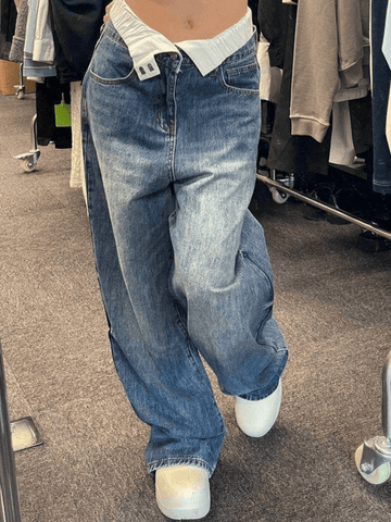 Boyfriendjeans mit Patchwork-Taille und hohem Bund