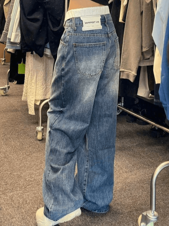 Patchwork Waist High Rise Boyfriend Jeans