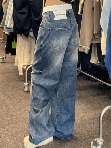 Patchwork Waist High Rise Boyfriend Jeans