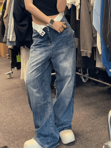 Boyfriendjeans mit Patchwork-Taille und hohem Bund