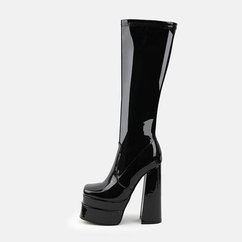 Botas altas hasta la rodilla con plataforma gruesa y punta cuadrada de charol - Negro azabache